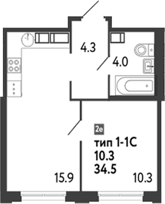 Планировка: 2Е-к.кв · 34,5 м²