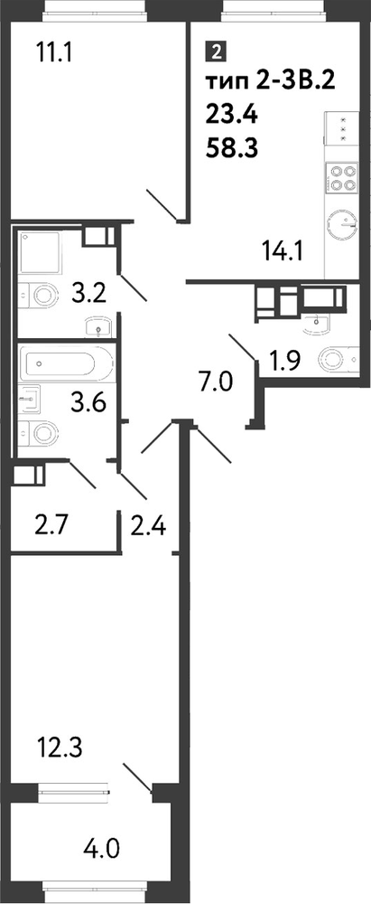 Планировка: 2 комнаты · 58,3 м²