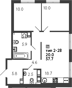 Планировка: 3Е-к.кв · 57,5 м²