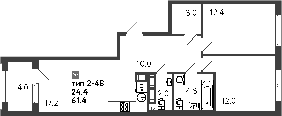 Планировка: 3Е-к.кв · 65,4 м²