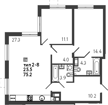 Планировка: 3Е-к.кв · 75,2 м²