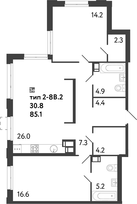 Планировка: 3Е-к.кв · 85,1 м²