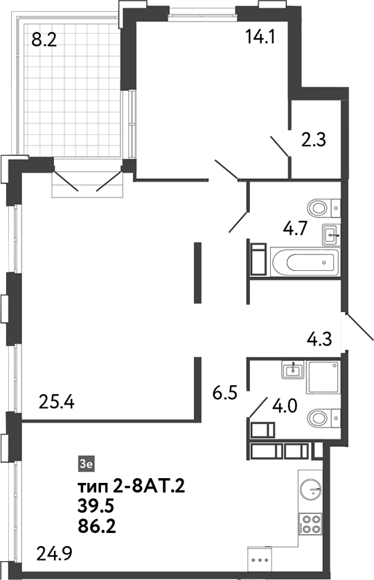 Планировка: 3Е-к.кв · 94,4 м²