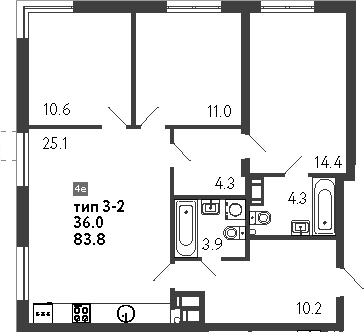 Планировка: 4Е-к.кв · 83,8 м²