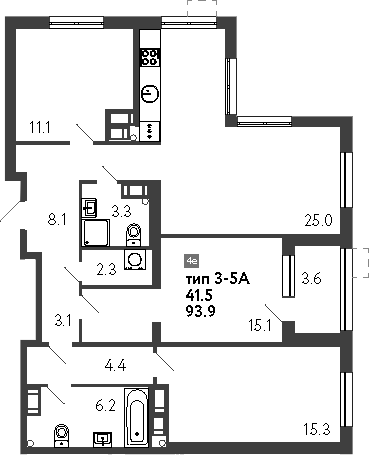 Планировка: 4Е-к.кв · 95,7 м²