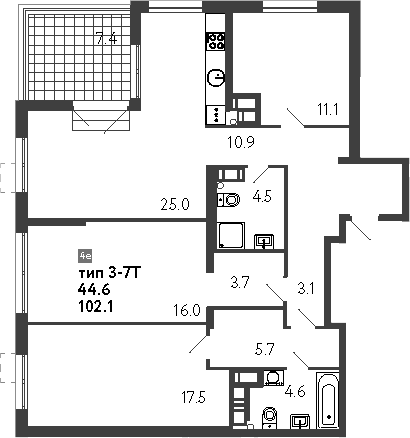 Планировка: 4Е-к.кв · 109,5 м²