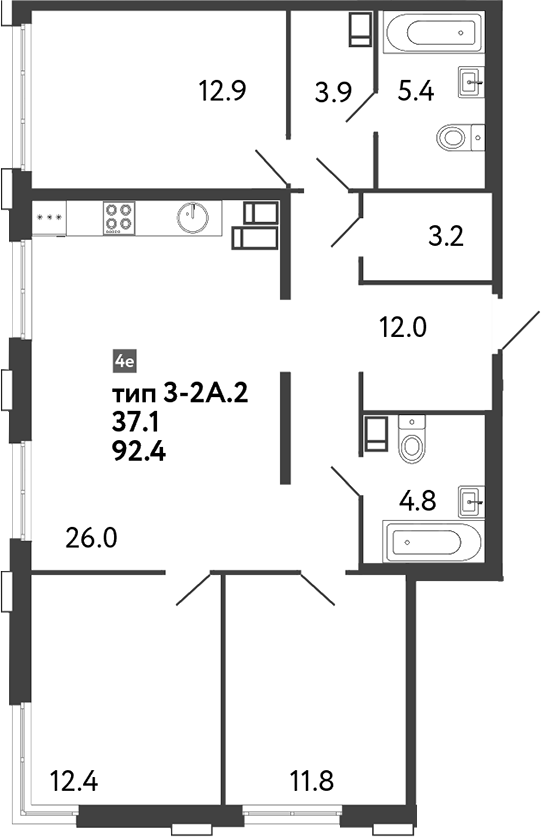 Планировка: 4Е-к.кв · 92,4 м²