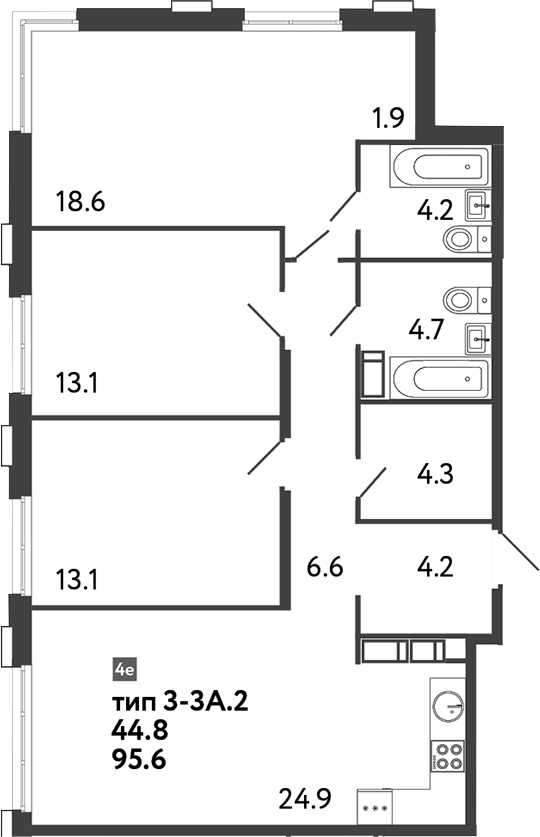 Планировка: 4Е-к.кв · 95,6 м²