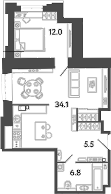 Планировка: 1 комната · 58,4 м²