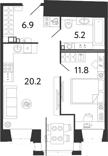 Планировка: 2Е-к.кв · 44,1 м²