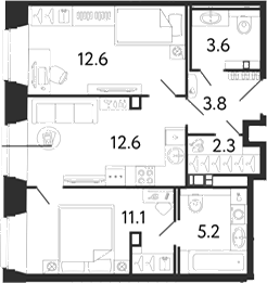 Планировка: 2 комнаты · 51,2 м²