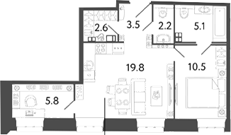 Планировка: 3Е-к.кв · 49,5 м²