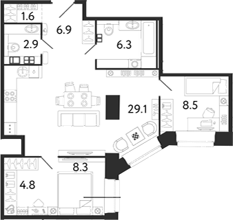 Планировка: 3Е-к.кв · 68,4 м²
