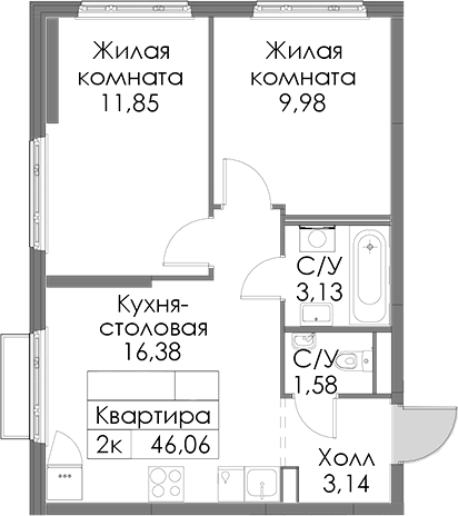 Планировка: 3Е-к.кв · 46,06 м²