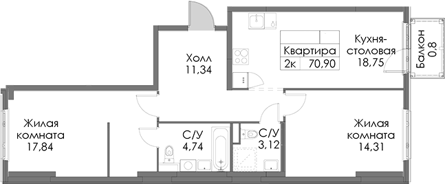 Планировка: 3Е-к.кв · 70,9 м²