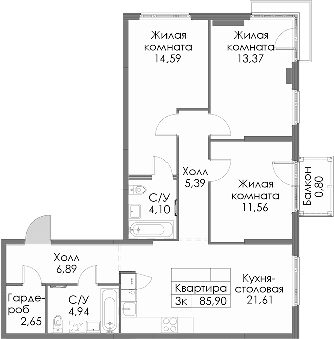 Планировка: 4Е-к.кв · 85,9 м²
