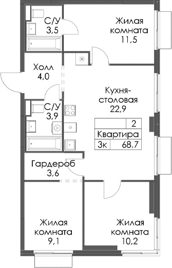 Планировка: 4Е-к.кв · 68,7 м²