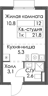Планировка: Студия · 21,8 м²