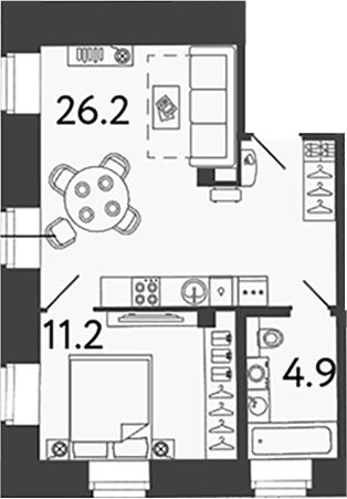 Планировка: 2Е-к.кв · 42,3 м²