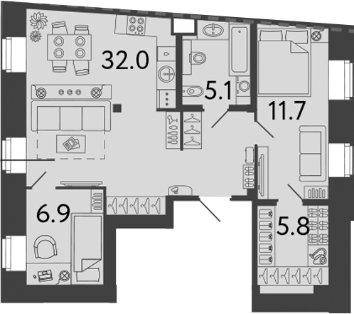 Планировка: 3Е-к.кв · 61,5 м²