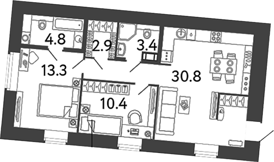 Планировка: 3Е-к.кв · 65,6 м²