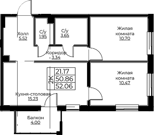 Планировка: 3Е-к.кв · 52,06 м²