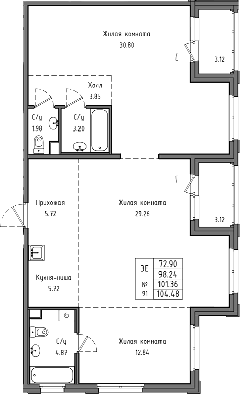 Планировка: 3Е-к.кв · 101,36 м²