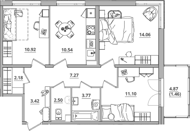 Планировка: 3 комнаты · 67,22 м²