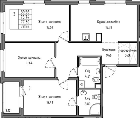 Планировка: 3 комнаты · 77,3 м²