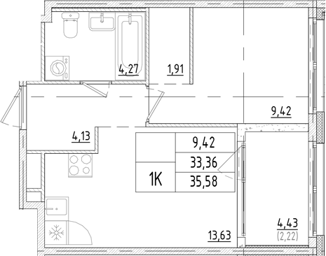 Планировка: 1 комната · 35,58 м²