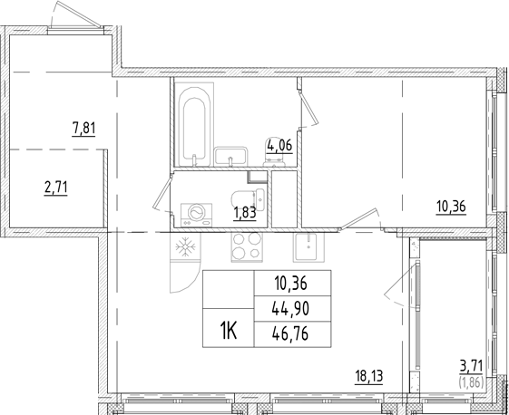 Планировка: 1 комната · 46,76 м²