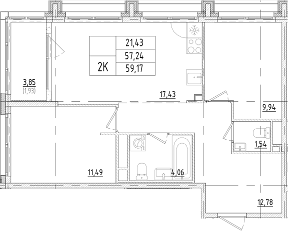 Планировка: 2 комнаты · 59,17 м²