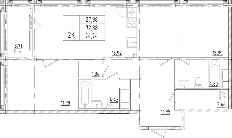 Планировка: 2 комнаты · 74,74 м²