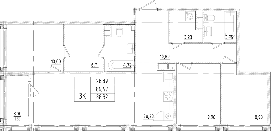 Планировка: 3 комнаты · 88,32 м²