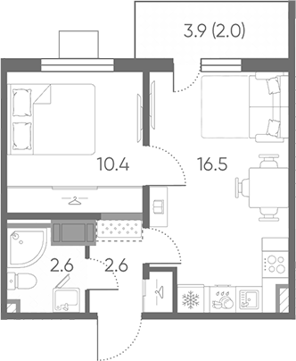 Планировка: 2Е-к.кв · 33,4 м²