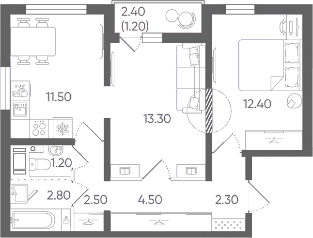 Планировка: 2 комнаты · 51,7 м²