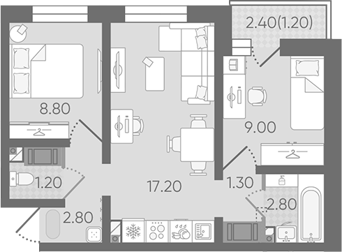 Планировка: 3Е-к.кв · 45,2 м²
