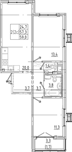 Планировка: 3Е-к.кв · 59 м²