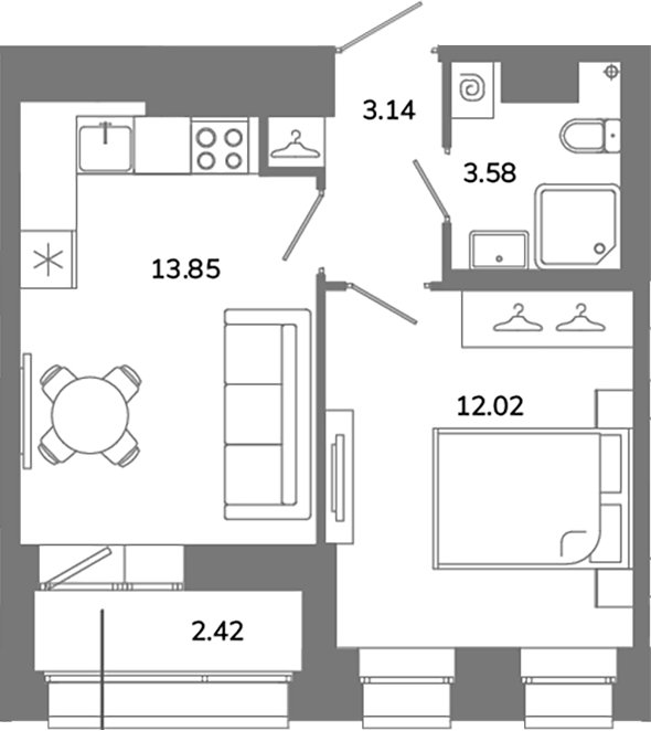 Планировка: 1 комната · 33,8 м²