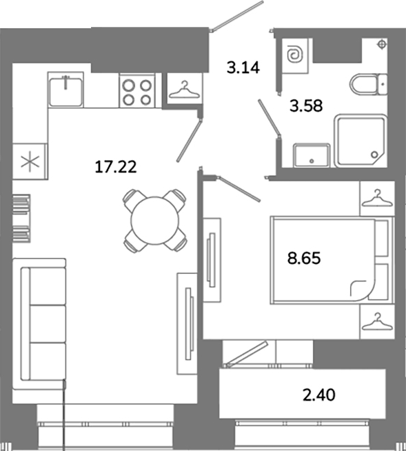Планировка: 2Е-к.кв · 33,79 м²