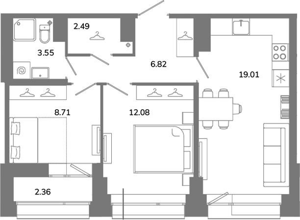 Планировка: 3Е-к.кв · 53,84 м²