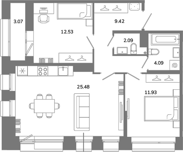 Планировка: 3Е-к.кв · 67,08 м²