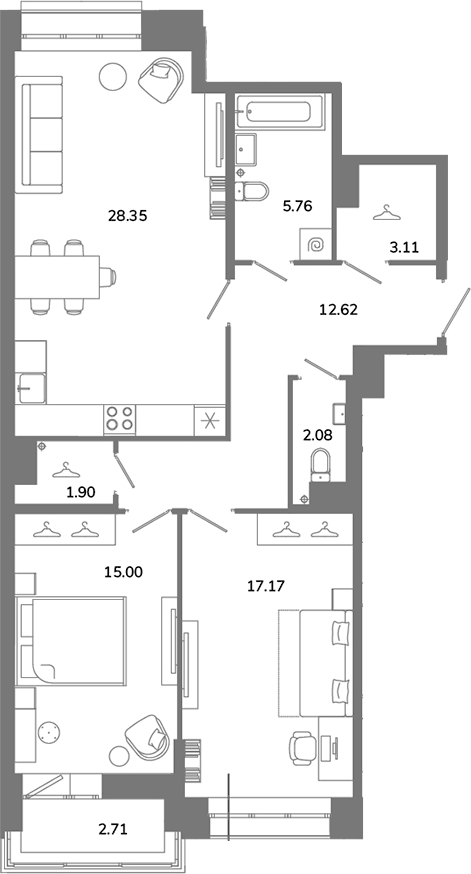 Планировка: 3Е-к.кв · 87,34 м²