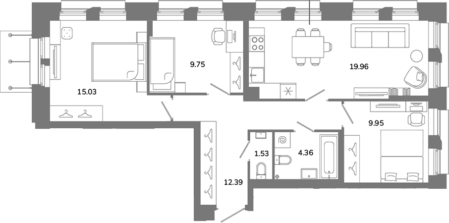 Планировка: 4Е-к.кв · 72,97 м²
