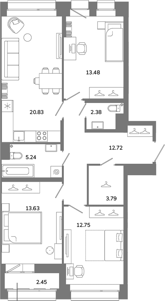 Планировка: 4Е-к.кв · 86,05 м²