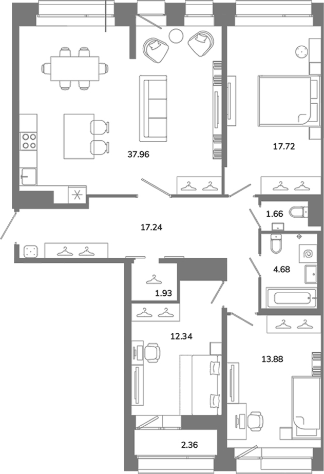 Планировка: 4Е-к.кв · 108,59 м²