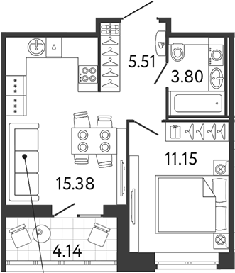 Планировка: 2Е-к.кв · 37,91 м²