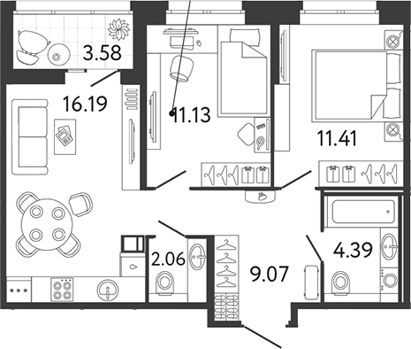 Планировка: 3Е-к.кв · 56,04 м²