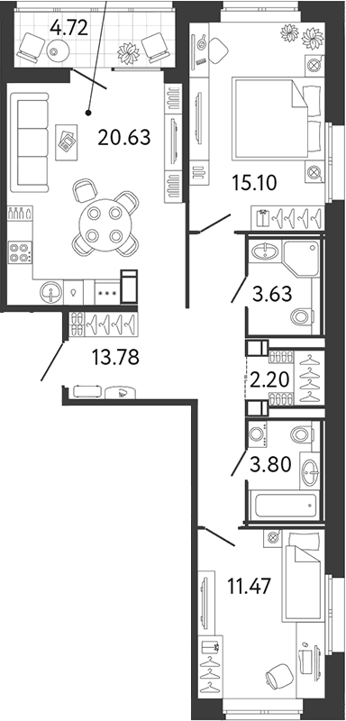 Планировка: 3Е-к.кв · 72,97 м²