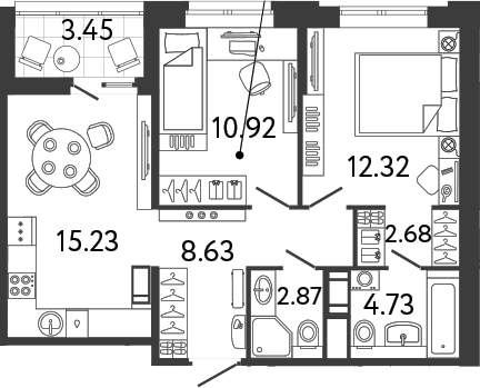 Планировка: 3Е-к.кв · 58,65 м²